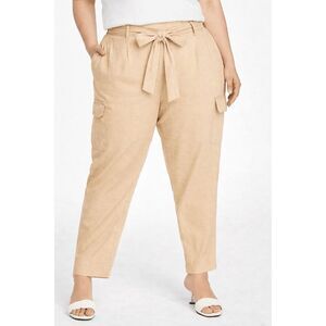 Calvin Klein Women's Plus Size High-Rise Tie-Waist Cargo Linen Blend Pants 18W